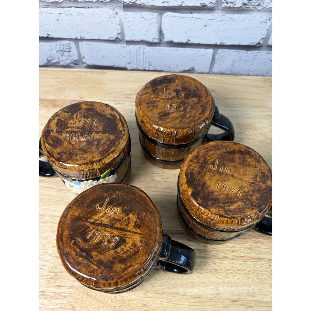 4 Atlantic Mold Ceramic Flower Barrel Coffee Mugs 1979 Handmade Vintage Mint - Picture 9 of 11